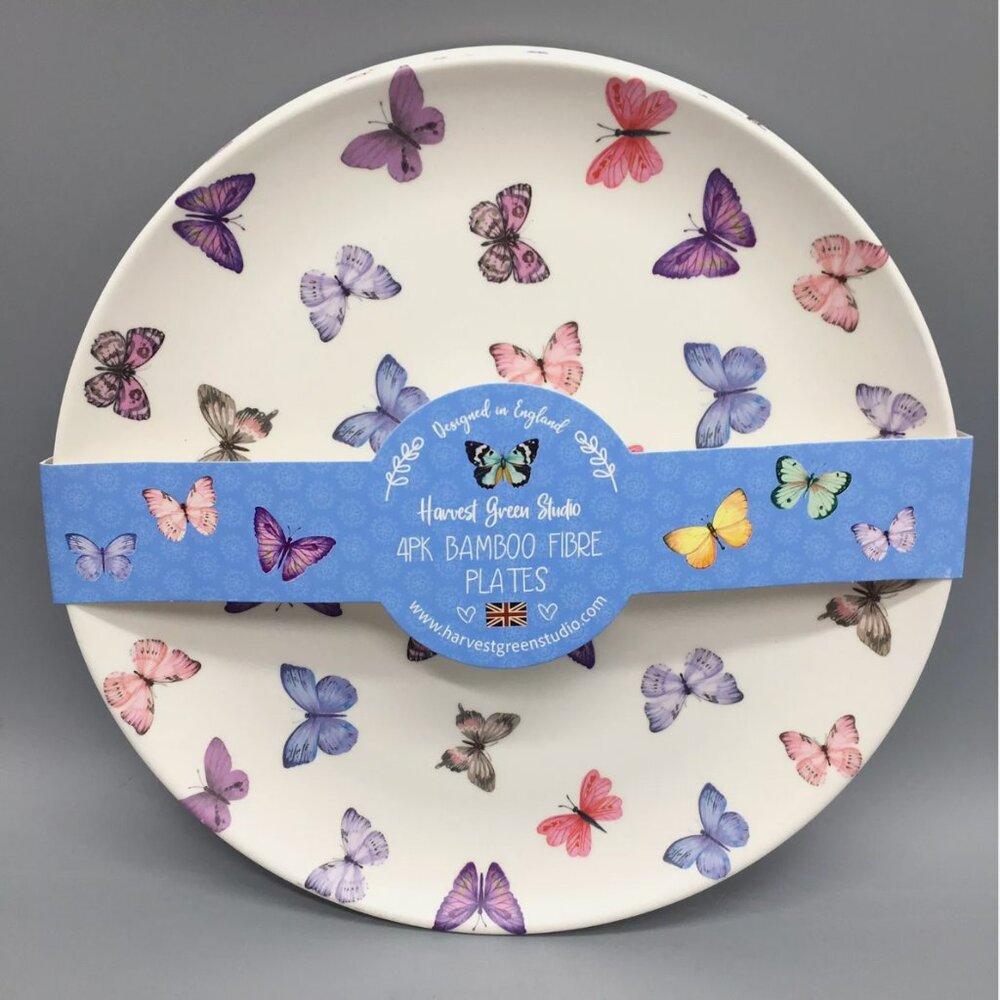4 Harvest Green Studio Pink Purple Butterfly Melamine Dinner Plate Set Summer